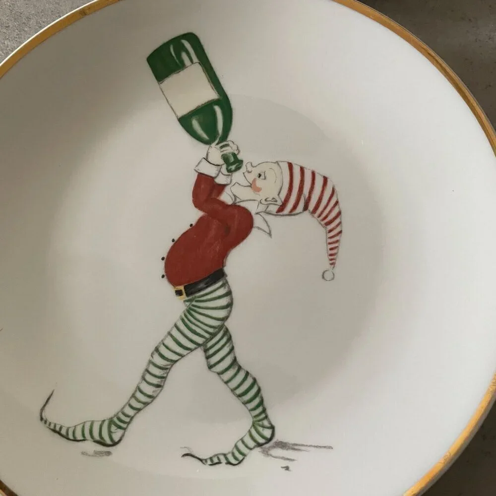 Restoration Hardware Christmas Naughty Elf 6 Salad Plates Boxed RARE Vintage